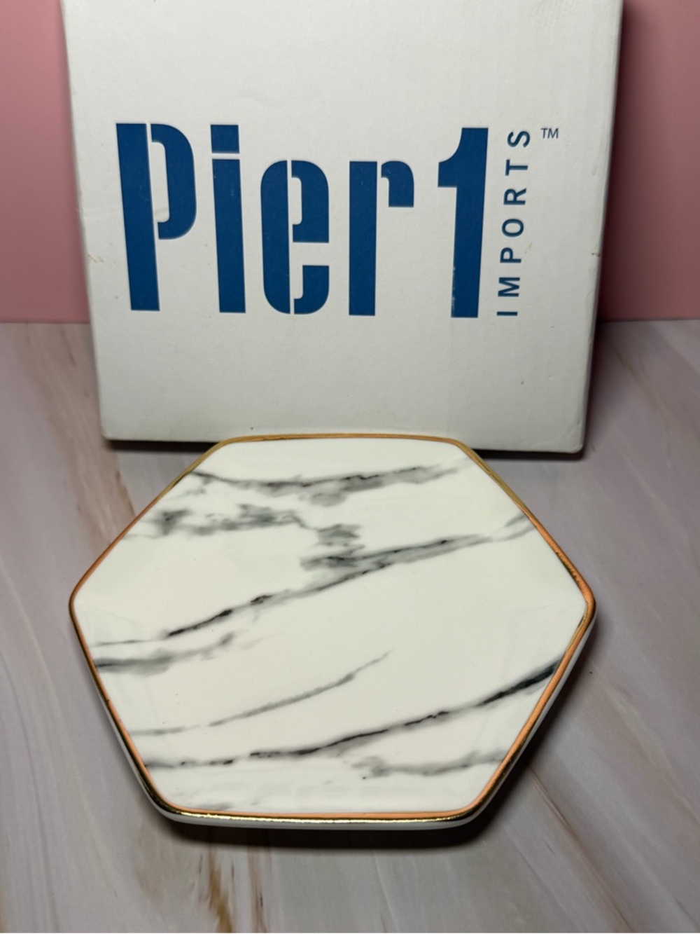Pier 1 White Marble Hexagon Jewelry Tray with Gold Trim